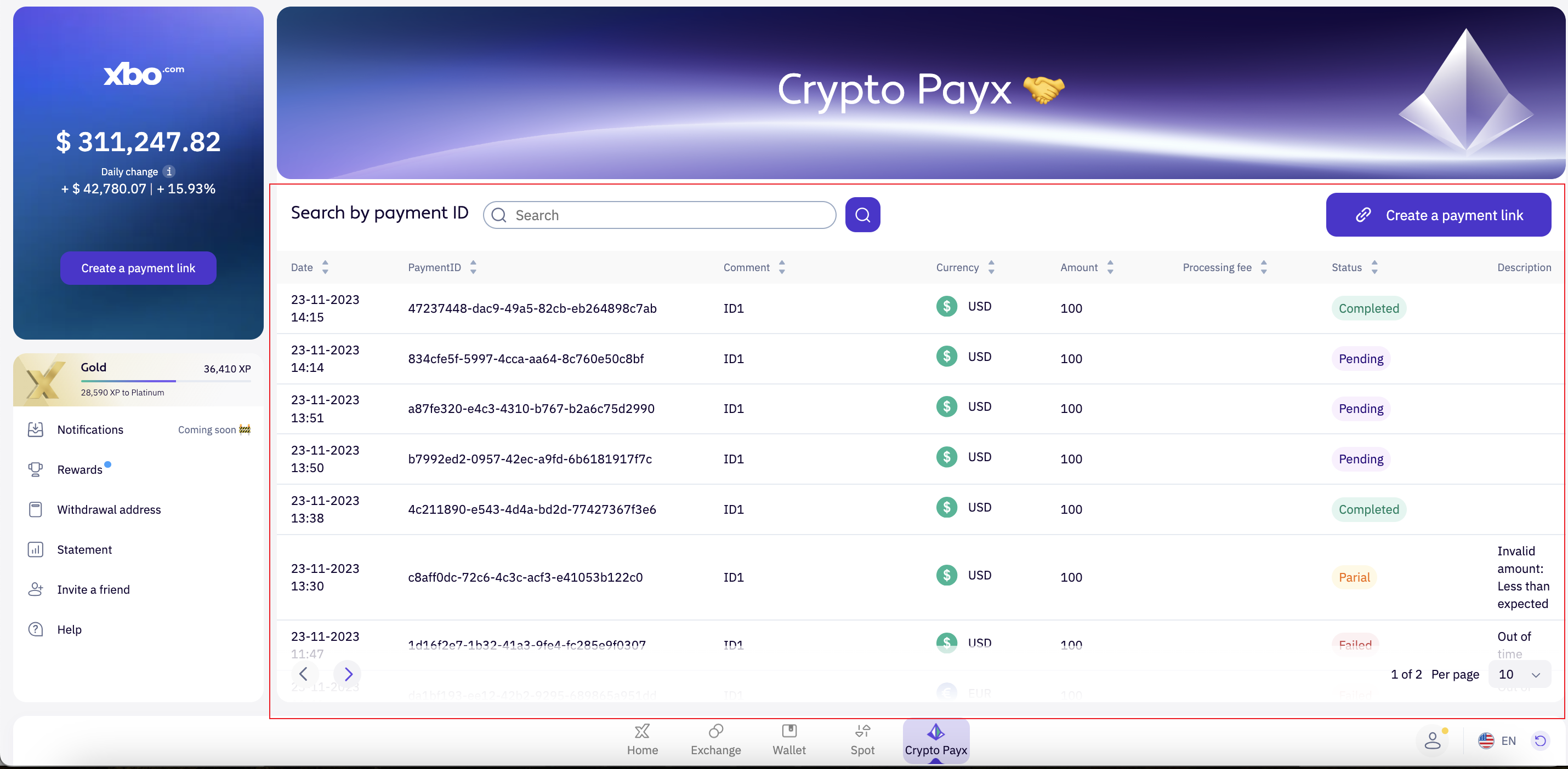 Payment history grid