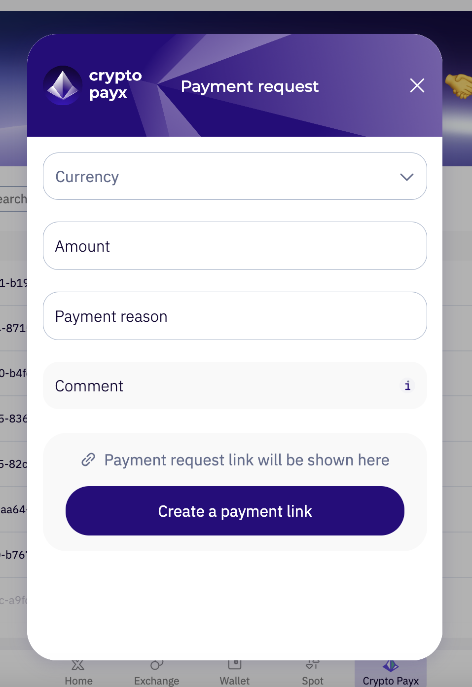 Payment request popup